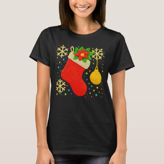 フェスティブクリスマス・ストッキングのスパンコールビーズアートPNG Tシャツ (正面)
