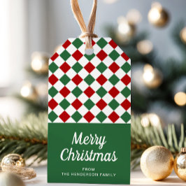 フェスティブグリーンとレッドチェックのクリスマス ギフトタグ