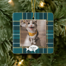 フェスティブグリーンタータンチェック猫の名前クリスマス セラミックオーナメント