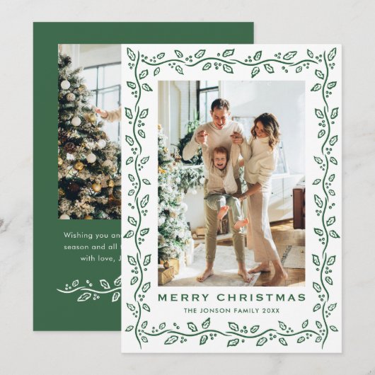 フェスティブセージグリーンクリスマスリボン 2 写真ホ シーズンカード (正面/裏面)