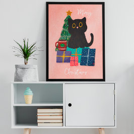 フェスティブピンクのクリスマス かわいい猫 コーヒー ウォールアート