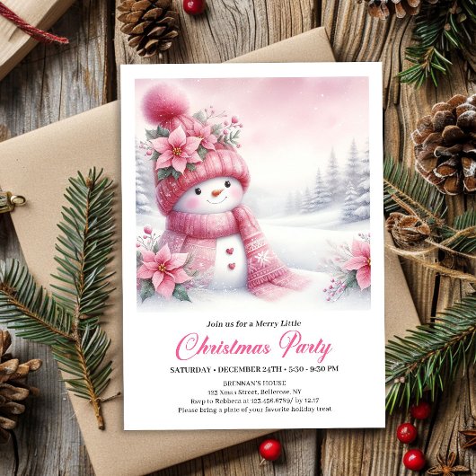 フェスティブピンクスノーマンキッズクリスマスパーティー招待状デジタル 招待状