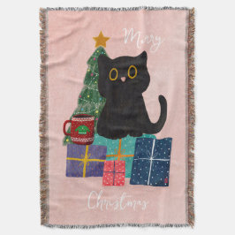 フェスティブピンク メリークリスマス かわいい猫 コーヒーアート スローブランケット