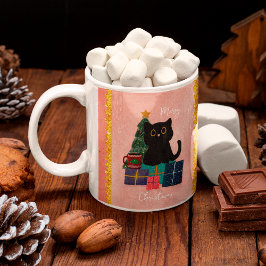 フェスティブピンク メリークリスマス かわいい黒猫 コーヒー コーヒーマグカップ