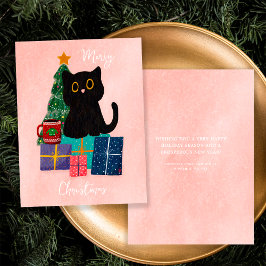フェスティブピンク メリークリスマス かわいい黒猫 コーヒー シーズンカード