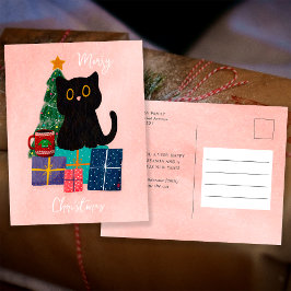 フェスティブピンク メリークリスマス かわいい黒猫 コーヒー シーズンポストカード
