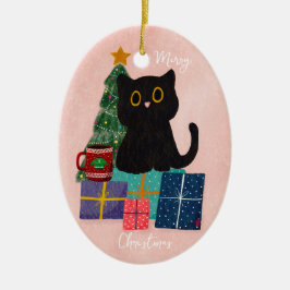 フェスティブピンク メリークリスマス かわいい黒猫 コーヒー セラミックオーナメント