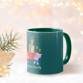 フェスティブペーパーコラージュの猫とプレゼント グリーン クリスマス マグカップ