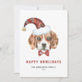 フェスティブ ウォーターカラー ビグル サンタ ハッピー ホリデイズ シーズンカード (正面)