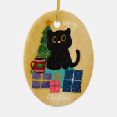 フェスティブ オレンジ メリー クリスマス ブラック キャット コーヒー セラミックオーナメント (正面)