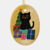 フェスティブ オレンジ メリー クリスマス ブラック キャット コーヒー セラミックオーナメント (裏面)