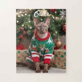 フェスティブ コーニッシュレックスの猫 クリスマスパーソナライズ ジグソーパズル