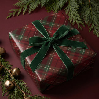 フェスティブ ダークレッド グリーン クリスマス タータン プラッド ラッピングペーパー