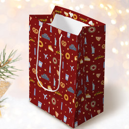 フェスティブ ニューヨークシティ パターン クリスマスレッド ミディアムペーパーバッグ