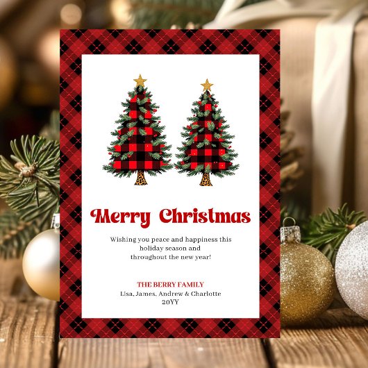 フェスティブ・バッファロー・チェック柄クリスマスツリーグリーティング シーズンカード