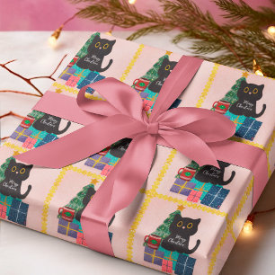 フェスティブ ピンクゴールド クリスマス 黒猫 コーヒー ラッピングペーパー
