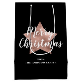 フェスティブ ブラック ローズ ゴールド スター メリークリスマス ミディアムペーパーバッグ
