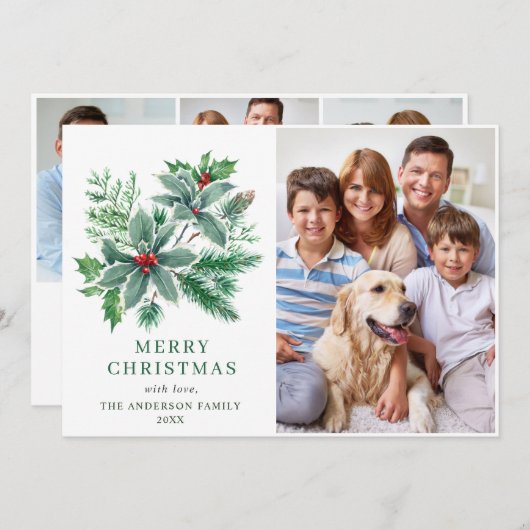 フェスティブ ホリー ベリー 4 フォト クリスマス グリーティング (正面/裏面)
