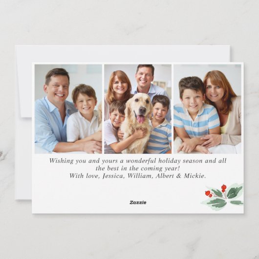 フェスティブ ホリー ベリー 4 フォト クリスマス グリーティング (裏面)