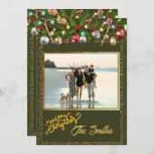 フェスティブ ホーリー ガーランド | ゴールド グリッター フォト シーズンカード (正面/裏面)