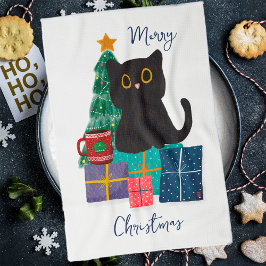 フェスティブ メリークリスマス かわいい黒猫 コーヒーアート キッチンタオル