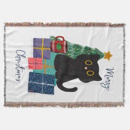 フェスティブ メリークリスマス かわいい黒猫 コーヒーアート スローブランケット