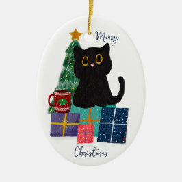 フェスティブ メリークリスマス かわいい黒猫 コーヒーアート セラミックオーナメント