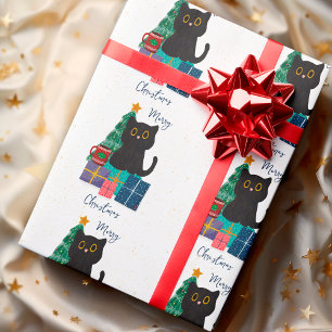 フェスティブ メリークリスマス かわいい黒猫 コーヒーアート ラッピングペーパー