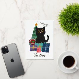 フェスティブ メリークリスマス かわいい黒猫 コーヒーアート 箔グリーティングカード