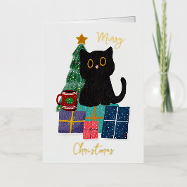 フェスティブ メリークリスマス かわいい黒猫 コーヒーアート 箔グリーティングカード