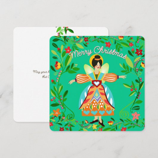 フェスティブ モダン フォーク アート エンジェル タンジェリン フラット シーズンカード (正面/裏面)