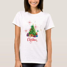 フェスティブ リトロ クリスマスツリー & プレゼント ホリデー Tシャツ