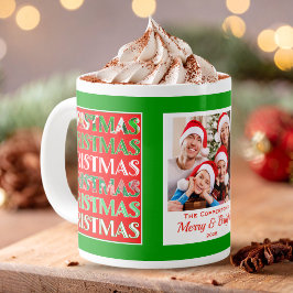 フェスティブ リトロ グリーン クリスマス ファミリーフォト ジャンボコーヒーマグカップ
