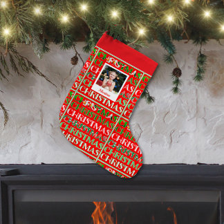 フェスティブ リトロ レッド 写真 名前 スモールクリスマスストッキング