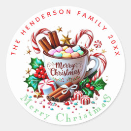 フェスティブ レッド ウォーターカラー ホットココア クリスマス ホリデー ラウンドシール