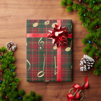 フェスティブ・レッド・タターンチェックとゴールド・ミュージック・ノーツのクリスマス ラッピングペーパー