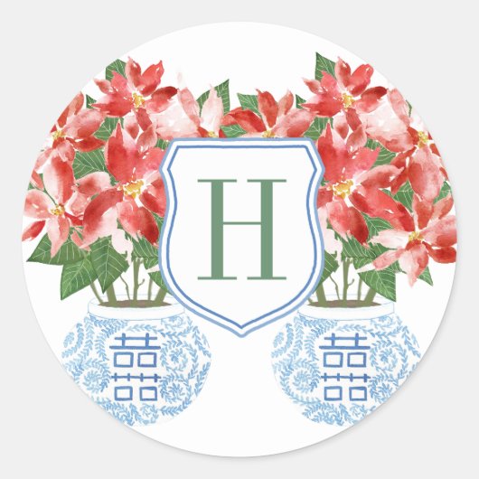 フェスティブ レッド ポインセチア モノグラム クリスマス ホリデー ラウンドシール (正面)