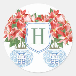 フェスティブ レッド ポインセチア モノグラム クリスマス ホリデー ラウンドシール