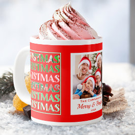 フェスティブ レトロ レッド クリスマス ファミリーフォト ジャンボコーヒーマグカップ