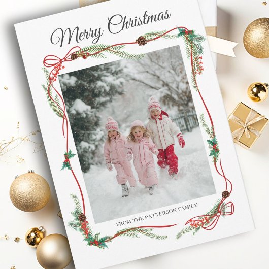 フェスティブ 赤 リボン 枠 -1 写真 白 クリスマス ホ