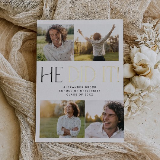 フェテモダンゴールドフォイル彼はそれを写真卒業した 箔招待状