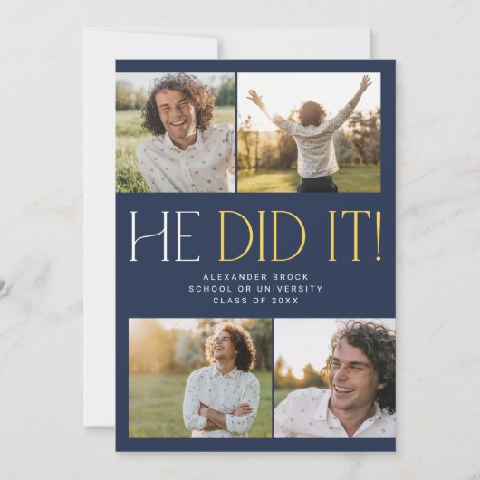 フェテモダンネイビー金ゴールド彼はそれを撮影した卒業 案内状 (正面)