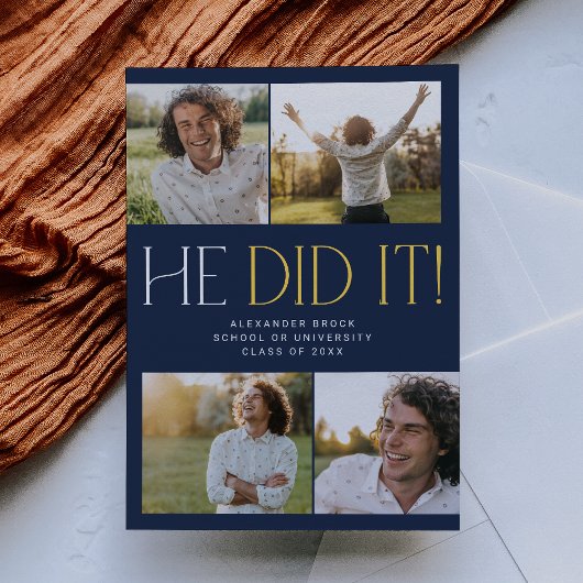 フェテモダンネイビー金ゴールド彼はそれを撮影した卒業 案内状