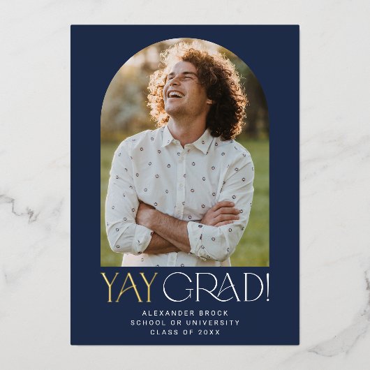 フェテモダンフォイル海軍Yayグラッド写真卒業 箔招待状 (正面)