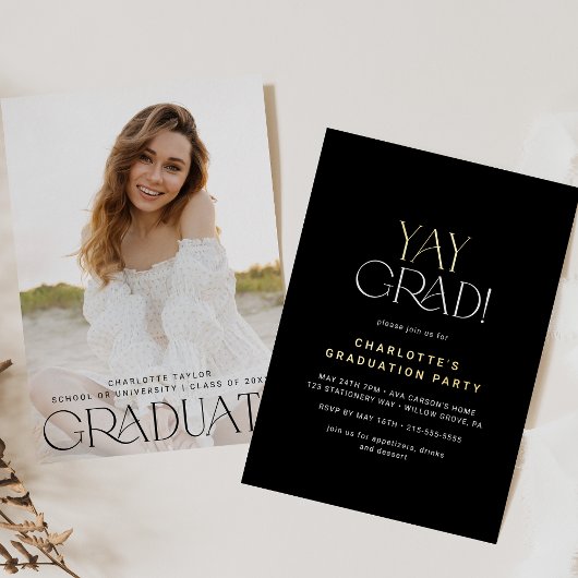 フェテモダンフォイル黒Yayグラード写真卒業 箔招待状
