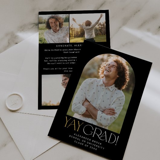 フェテモダンブラック金ゴールドイエグラッド写真卒業 案内状