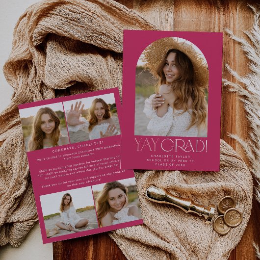 フェテモダン |ピンクイエグラッドフォトアーチ卒業 案内状