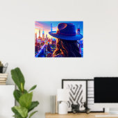 フェドラ帽をかぶったクールなNYCの女性 夜景 ビル群 アート ポスター (ホームオフィス)