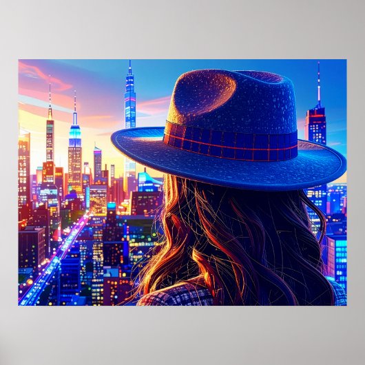 フェドラ帽をかぶったクールなNYCの女性 夜景 ビル群 アート ポスター (正面)
