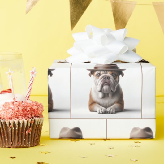 フェドーラを着たブルドッグ ラッピングペーパー (誕生日パーティー)